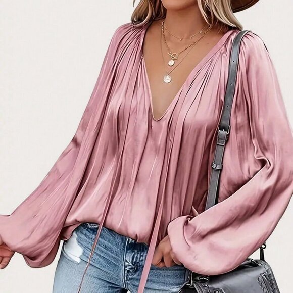 Dusty Pink Casual Women's Elegant Tie Collar Lantern Sleeve Ruched Blouse - Picture 2 of 5